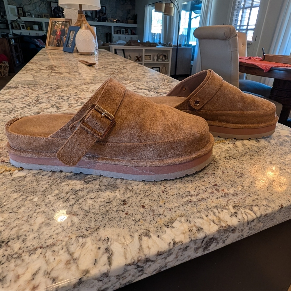 Madden Girl Graham-Brown Suede Clogs with Gold Buckle
